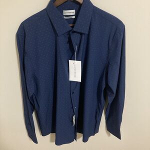 New Lucky Brand Mens Button Up Shirt XL 34/35 17-17.5 Slim Fit Stretch Navy Blue